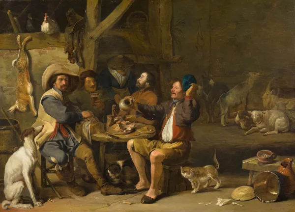 Cornelis Saftleven — Interior with four men sitting around a table