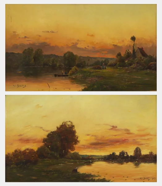 Hippolyte-Camille Delpy — Paire de paysages lacustres au crépuscule