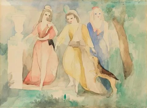 Marie Laurencin — Trois jeunes filles au chien, rose, bleu et vert