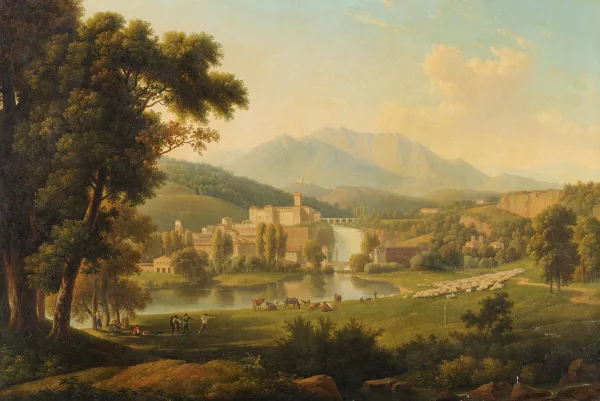 Alexandre-Hyacinthe Dunouy — Ansicht der Isola del Liri mit dem Castello Boncompagni-Viscogliosi und dem Wasserfall