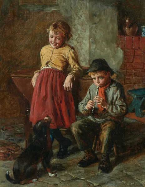William Hemsley — Musizierender Junge mit Mädchen und Hund