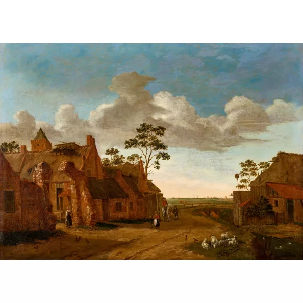 Emanuel Murant — Paysage villageois avec maisons en briques et personnages.