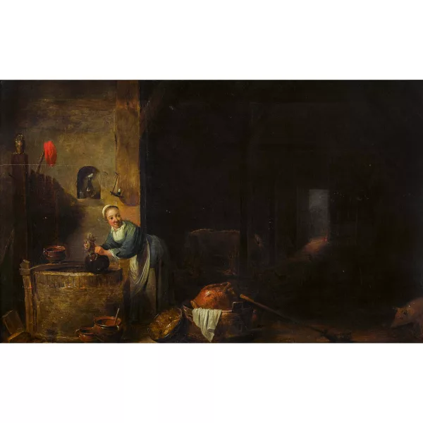 David Teniers le Jeune — Intérieur d’étable avec servante, chouette et cochon