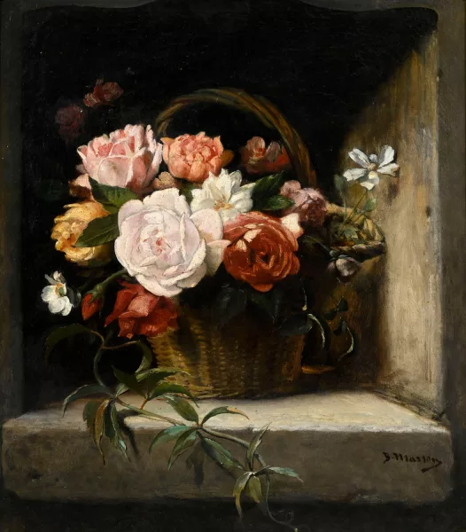 Bénédict Masson — Nature morte au panier de fleurs,