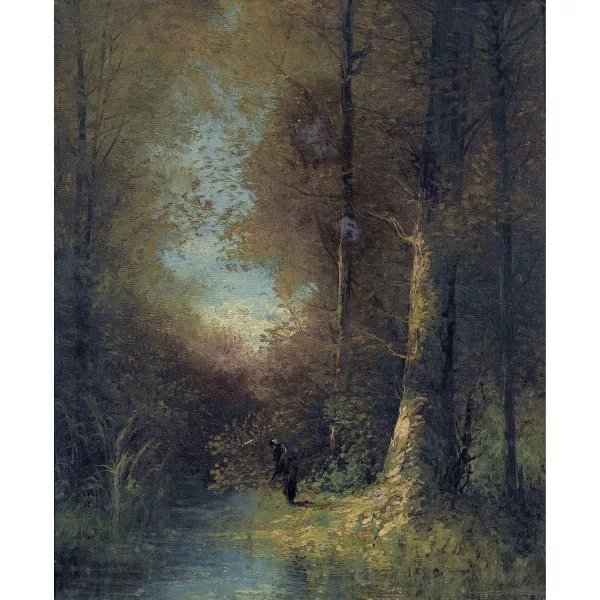 César De Cock — Herbstwald mit Angler am Bach.