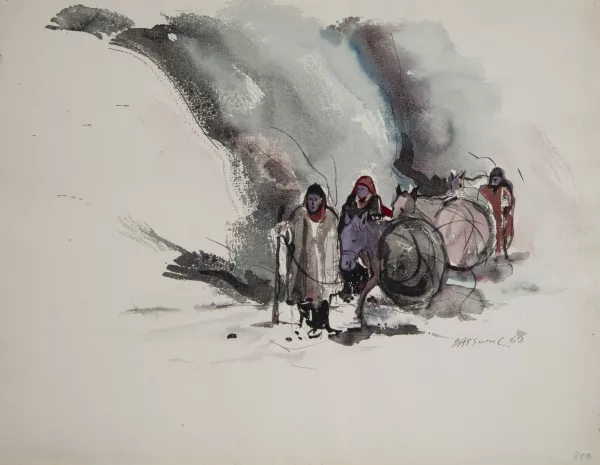 Sunil Das — Sunil DAS (1939-2015) 'Paysans en Algérie', aquarelle et encre