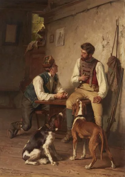 Théodore Gérard — Interieur mit zwei Männern und Hunden