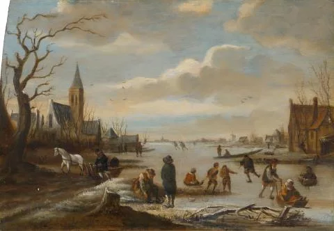 Salomon Rombouts — Skaters and a horse-drawn cart on a frozen canal