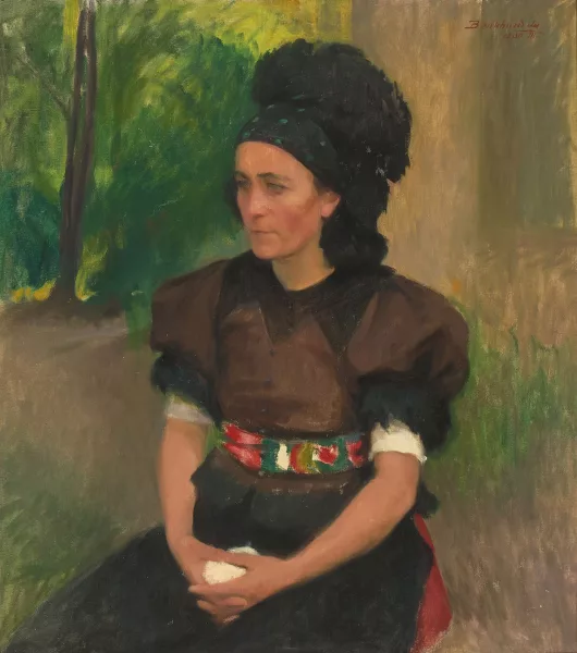 Ágost Benkhard — Sitzende Frau in Tracht