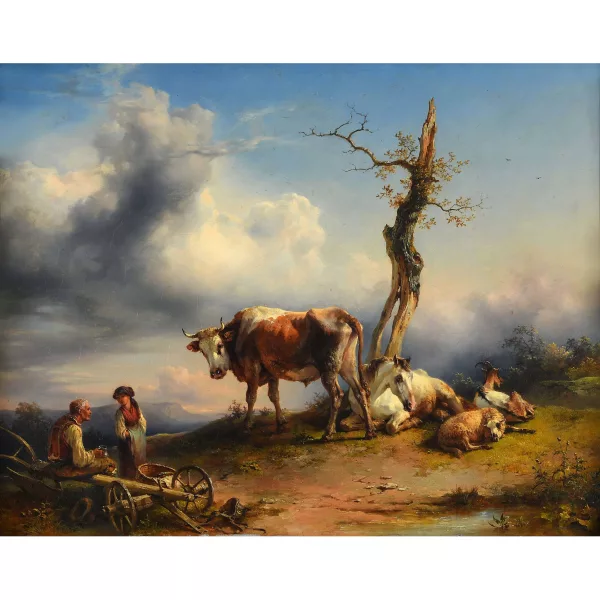 Friedrich Gauermann — Landschaft mit rastendem Bauernpaar und Vieh.