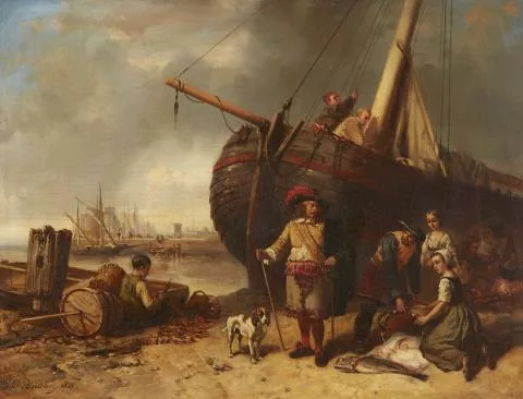 Charles Bouchez — Strandlandschaft mit elegantem Herrn und Fischern