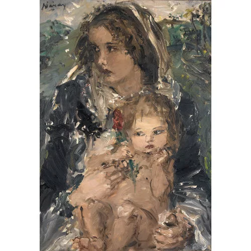 Aurél Náray — Giovane madre con bambino e fiore rosso