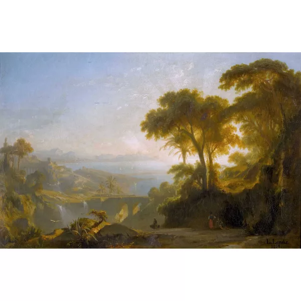 Ludwig Lincke — Mediterranean cliffs at dusk with waterfalls