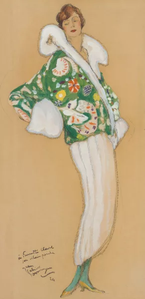 Jean-Gabriel Domergue — Modebild: Dame mit grüngemusterter Jacke und Hermelin Kleidung