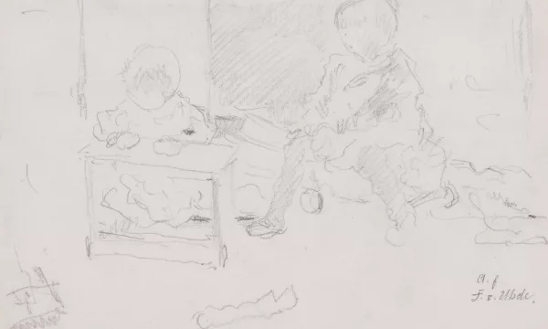 Fritz von Uhde — Enfants jouant (recto) et femme avec enfant dans la cuisine (verso)