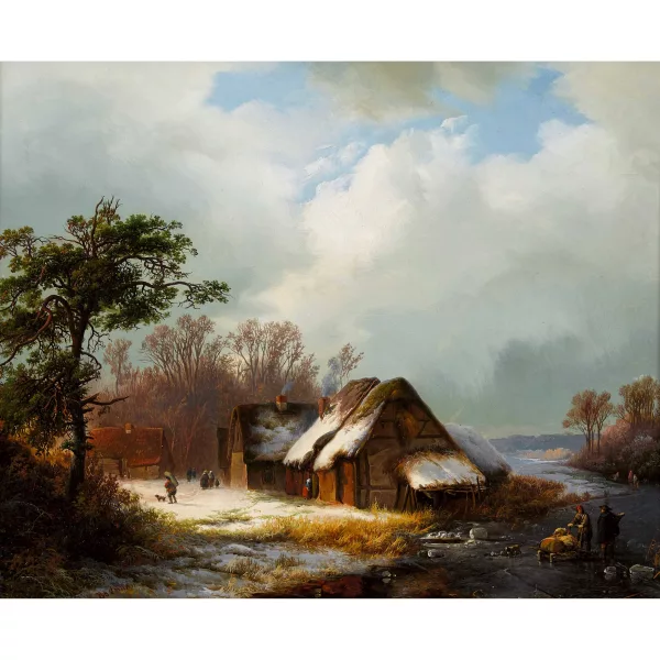 Willem Bodemann — Winterlandschaft mit Reetdach-Häusern und vereistem Fluss.