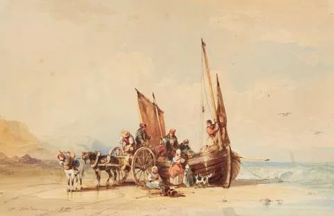 Auguste Delacroix — Strandlandschaft mit Fischern und Pferdewagen