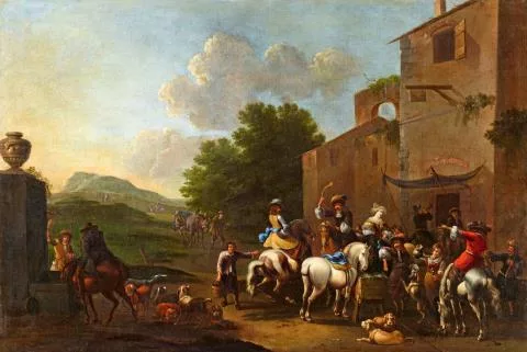 Simon Johannes van Douw — Landschaft mit Jagdgesellschaft vor einem Wirtshaus