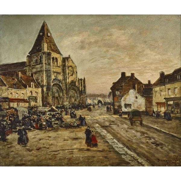 Louis Braquaval — Französische Stadt mit Markt vor romanischer Kirche.