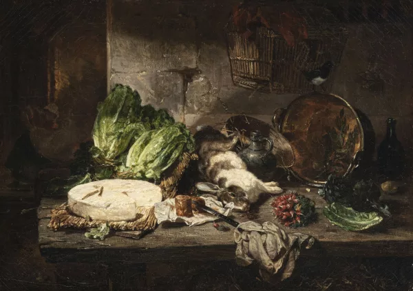 Philippe Rousseau — Nature morte au retour de chasse et au fromage