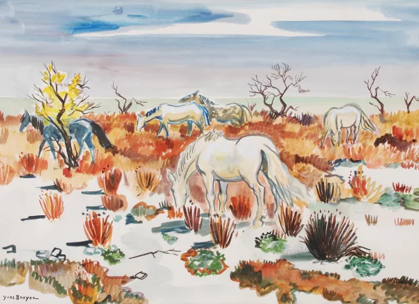 Yves Brayer — Pferde in Landschaft mit blauem Himmel