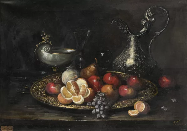 Paul Foret — Nature morte à l'aiguière, aux fruits et au nautile