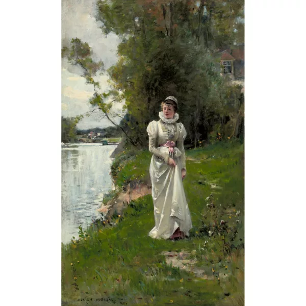 Adrien Moreau — Dama elegante sulla riva del fiume.