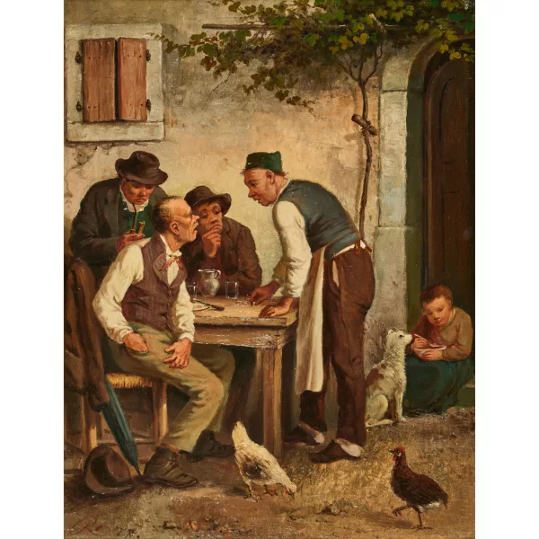 Alexandre Auguste Rose — Aubergiste et clients devant la taverne.