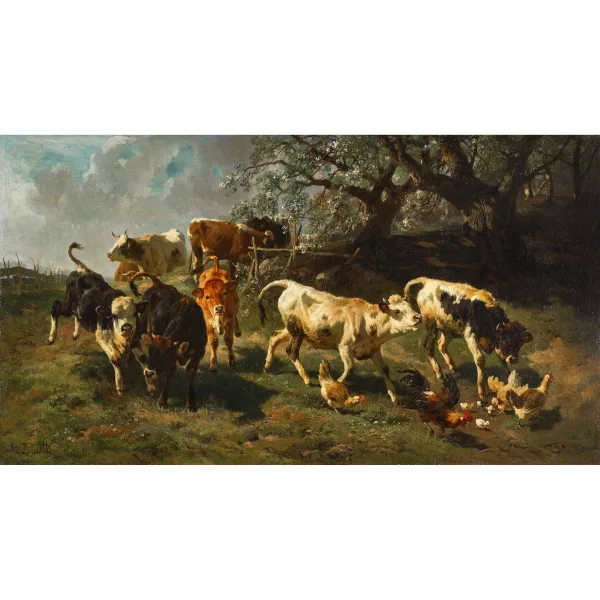 Anton Braith — Weide mit Kälbern und Hühnern.