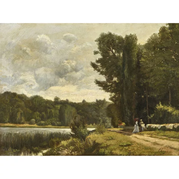Ernest Victor Hareux — Sommerliches Flussufer mit Dame und Wäscherin.