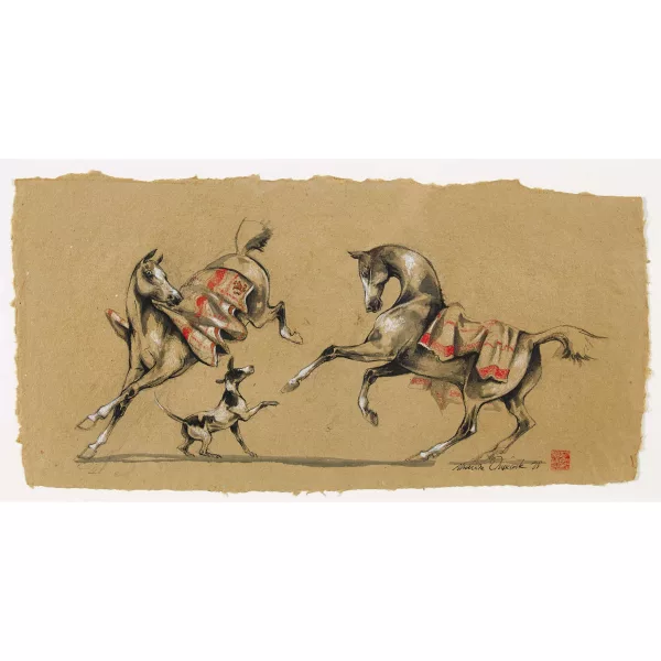 Marine Oussedik — Deux chevaux et chien.