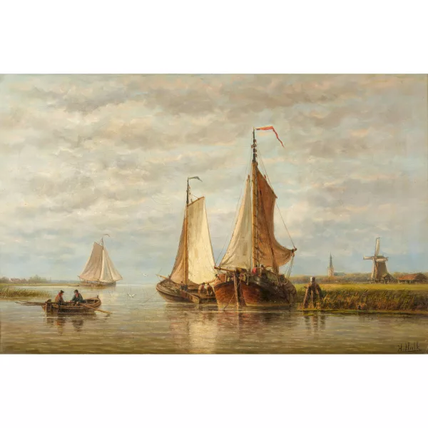 Hendrik Hulk — Paesaggio di canale olandese con pescatori in barche a vela.