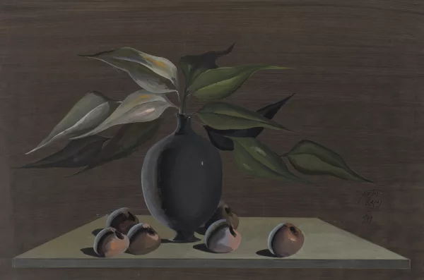 Christos Karas — Nature morte aux pruneaux et feuilles