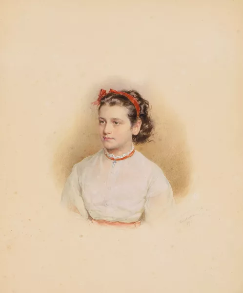 Josef Kriehuber — Portrait d’une jeune fille aux cheveux bouclés brun foncé et à la blouse blanche