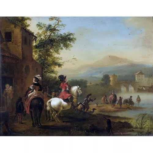 Pieter Wouwerman — Flusslandschaft mit adligen Reitern.