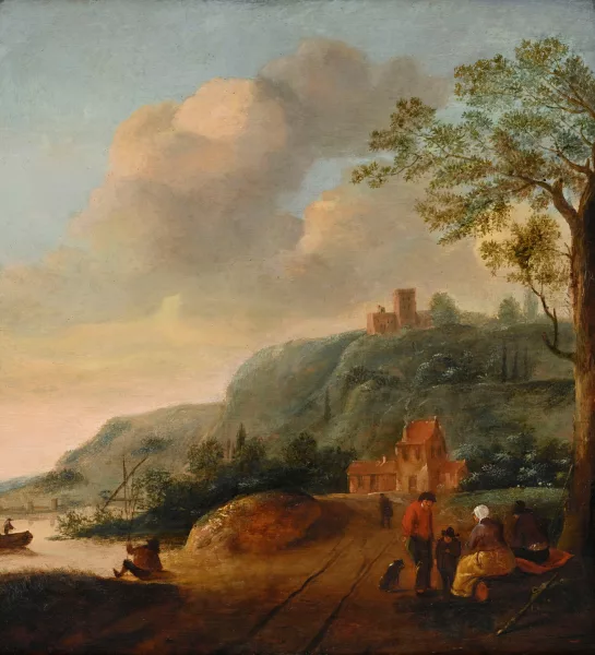 Klaes Molenaer — Route de village au bord d'un fleuve animée