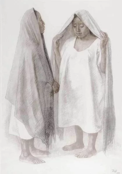 Francisco Zúñiga — Dos mujeres de pie con rebozo, 1981