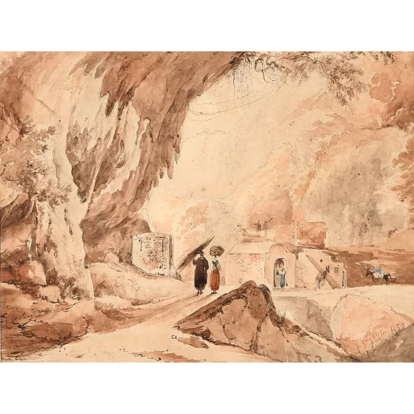 Giacinto Gigante — Landschaft mit Dorf und Eseln.