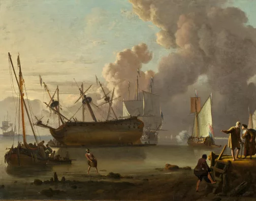 Ludolf Bakhuizen — Küstenlandschaft mit Segelschiffen und Staffage, 170[?]