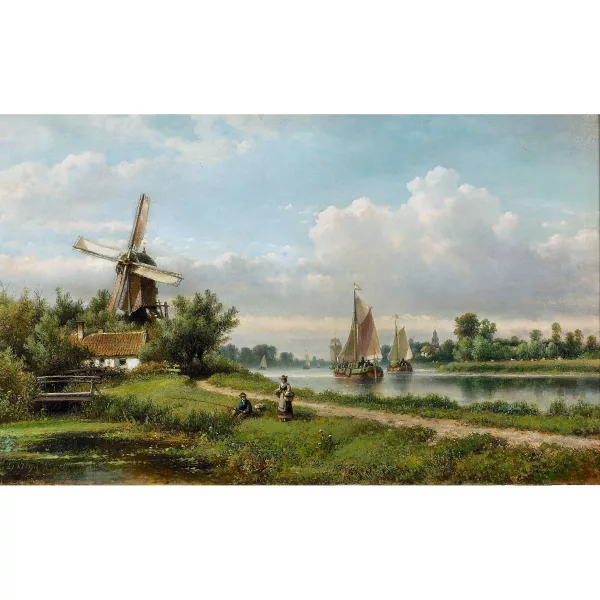 Lodewijk Johannes Kleijn — Holländische Flusspartie mit Windmühle.