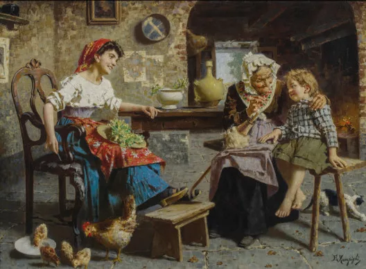 Eugenio Zampighi — Interieur mit Grossmutter und Enkel
