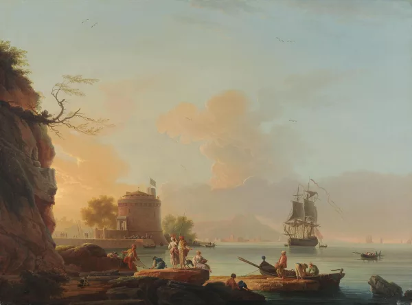 Claude Joseph Vernet — und Atelier Rückkehr der Fischer in eine mediterrane Hafenstadt bei Sonnenaufgang