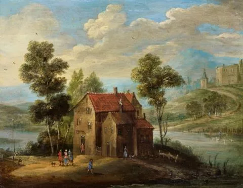 Jan Frans van Bredael — Flusslandschaft mit Gehöft