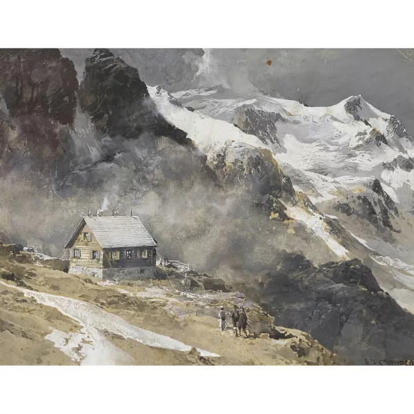 Edward Theodore Compton — Alpinisten und Hütte im Gebirge.