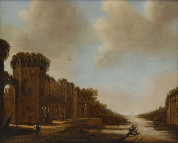 Jan Meerhout — Paysage ruiniste animé au bord d'un canal,