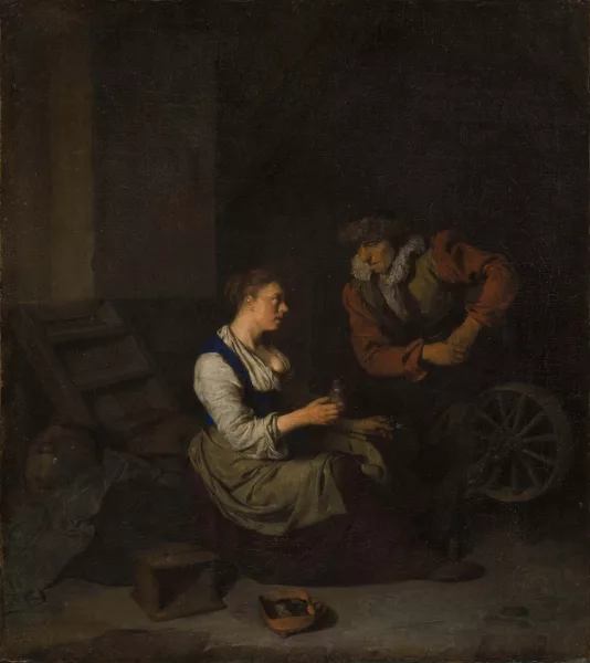 Cornelis Bega — Interieur mit einer Frau am Spinnrad, rechts ein Mann
