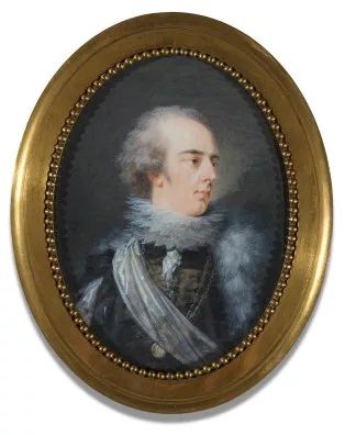 Heinrich Friedrich Füger — Ovales Miniatur Portrait eines Grafen Harrach, in theatralischem Kostüm, um 1790