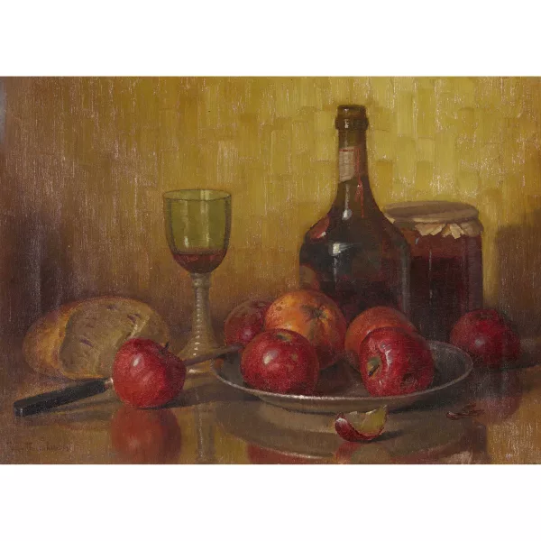 Ferdinand Thurnherr — Stillleben mit Äpfeln, Wein, Brot und Gläsern.