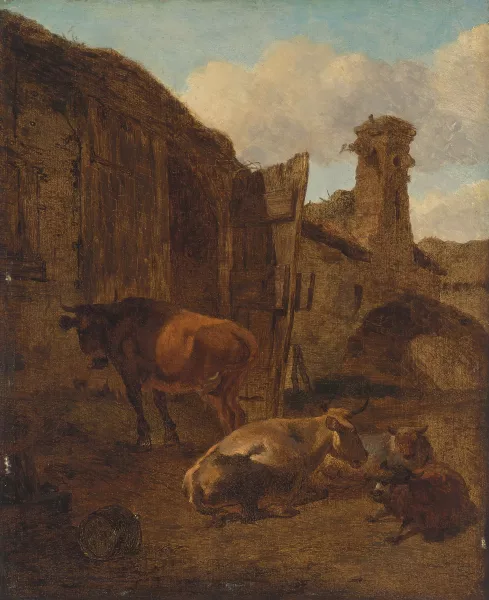 Nicolaes Pietersz. Berchem — Umkreis von Nicolaes Berchem — Vieh vor einem Bauernhof