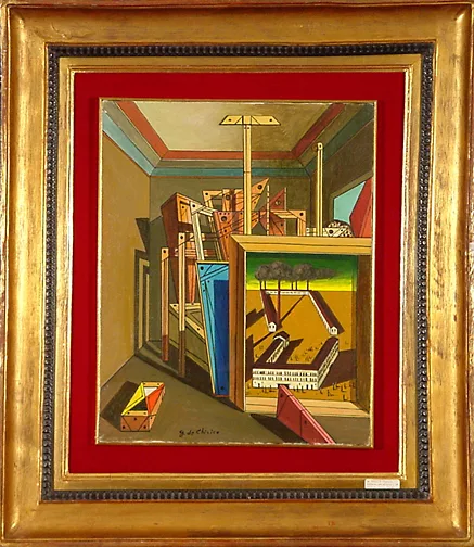 Giorgio De Chirico — Interno metafisico con officina, 1951